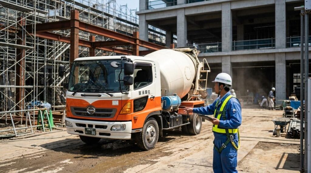 建設現場で生コン輸送の搬入状況を確認する作業員