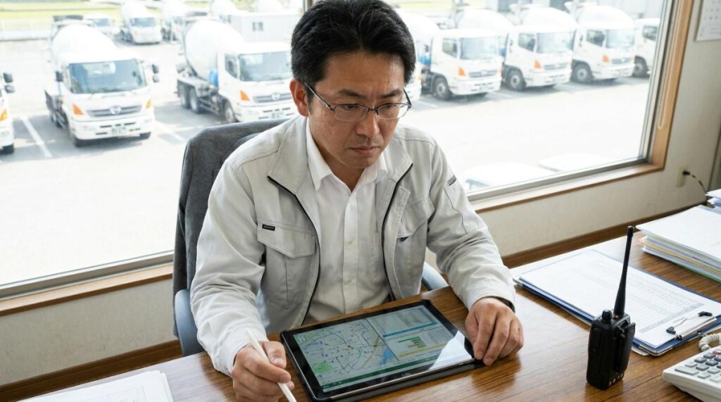 タブレットで生コン輸送の配車や運行状況を確認するスタッフ