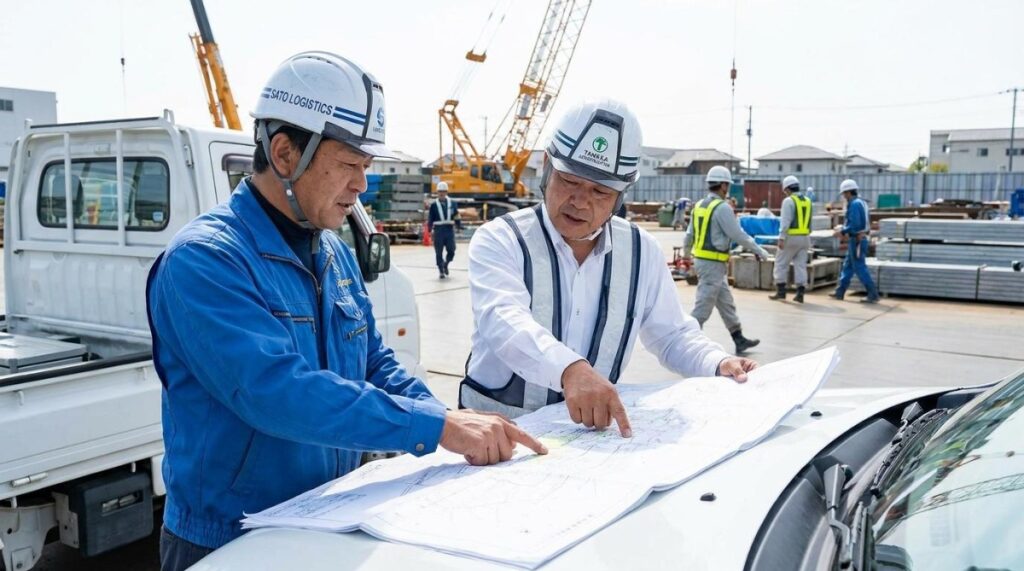 建設現場で搬入経路や作業場所を確認するスタッフ