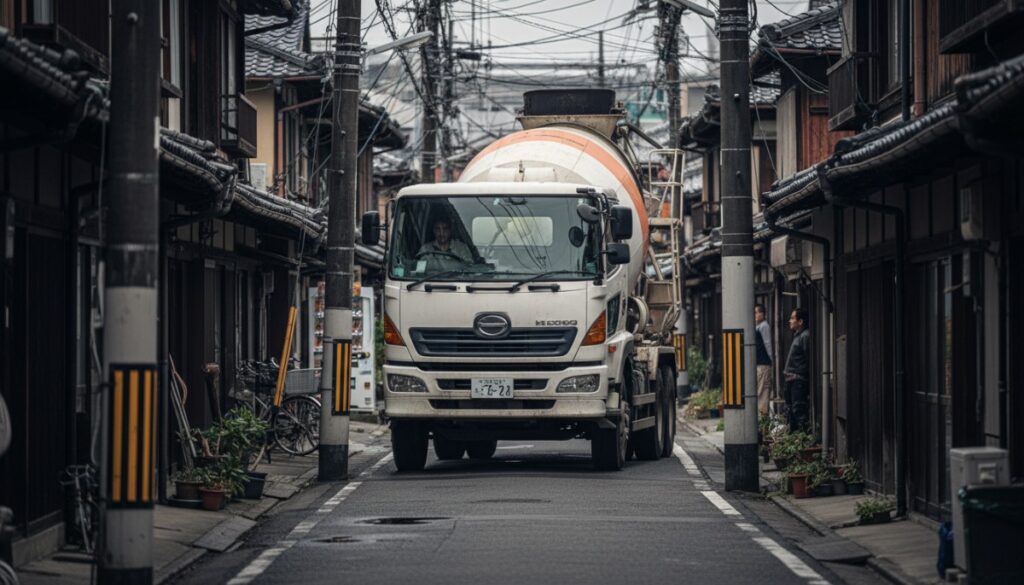 搬入経路を確認しながら現場へ向かう生コン輸送のミキサー車