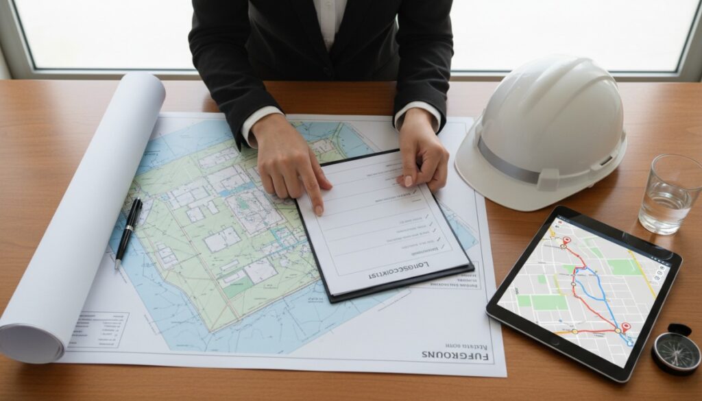 生コン輸送の搬入経路や配車計画を確認する様子
