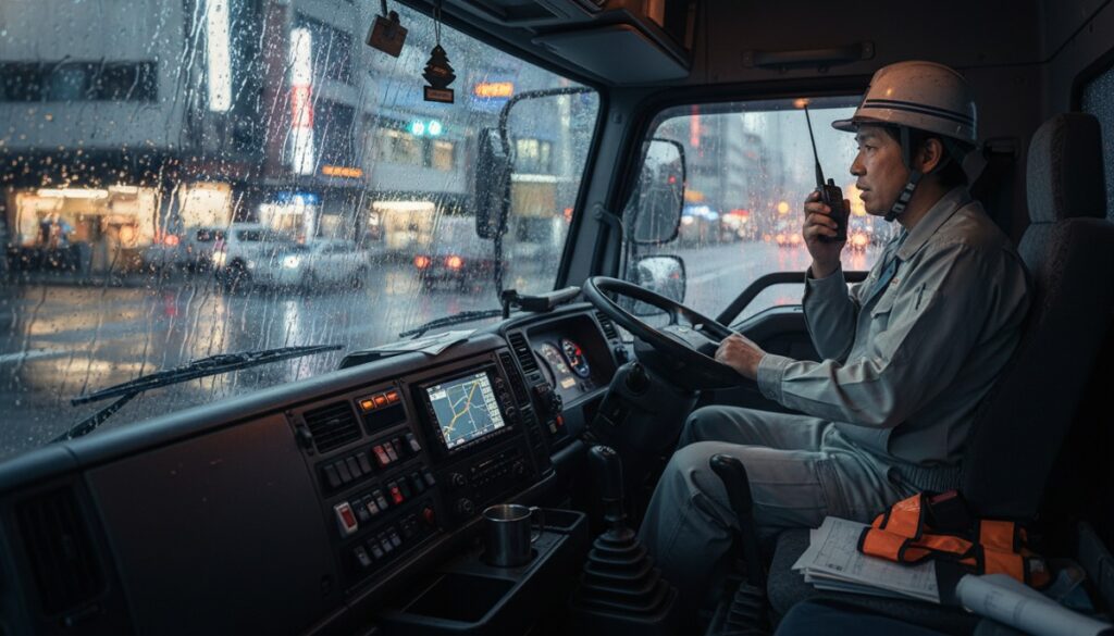 雨の夕方、ミキサー車の運転席で無線機を手に冷静に状況を報告する日本人ドライバー。濡れたフロントガラスに街の灯りが反射し、現場でのプロフェッショナルな緊迫感を伝えている。