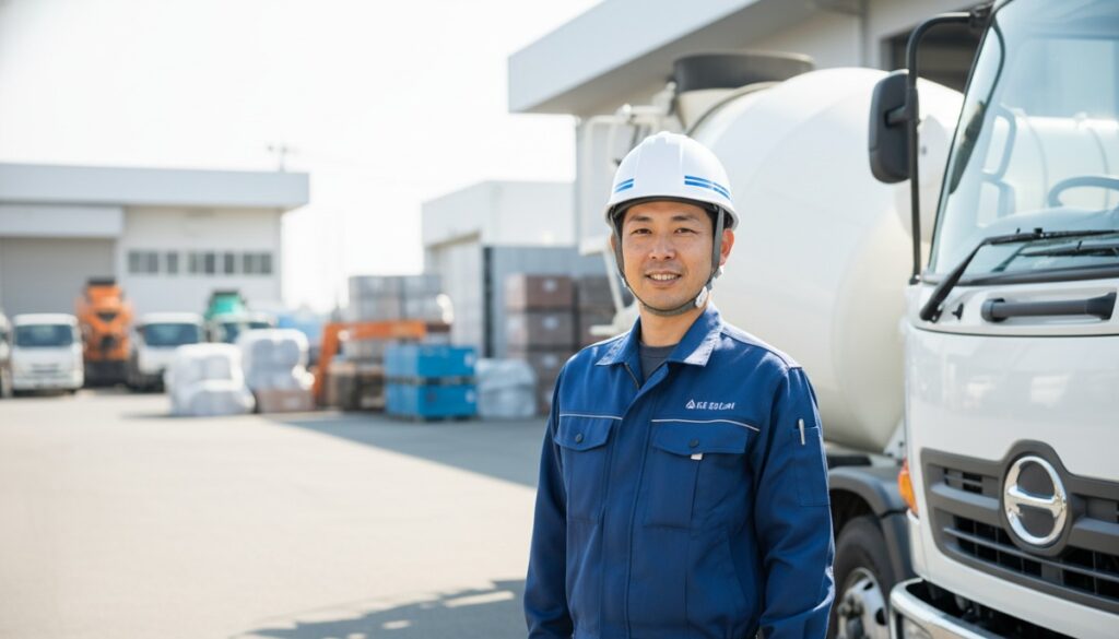 朝日の中で、手入れの行き届いた白いミキサー車の横に誇らしげに立つ日本人ドライバーのポートレート。清潔な制服とヘルメットを身につけ、信頼感と誠実さが伝わる表情を見せている。
