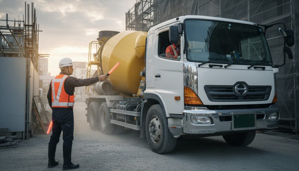 蛍光ベストを着た誘導員が信号灯を使い、狭い入り口を通過する大型生コン車を巧みに誘導している。回転するドラムと活気ある現場マネジメントの風景。

