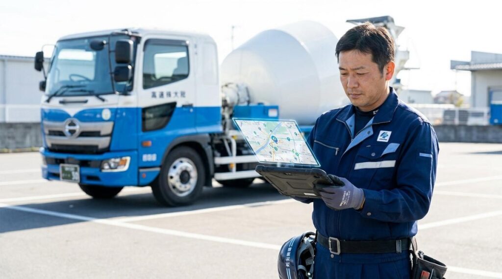清潔な制服を着用し、GPS追跡マップが表示されたデジタルタブレットを確認する日本の物流マネージャー。背景には効率的な物流を象徴するミキサー車が停車している。