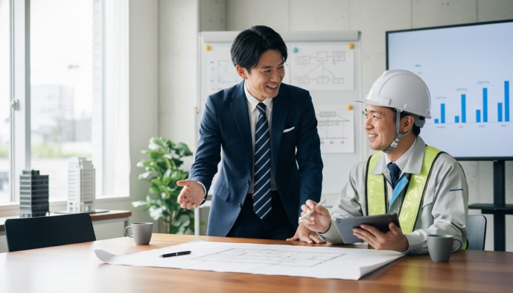 明るい会議室で、スーツ姿の物流コンサルタントと作業服の現場責任者が図面を囲んで笑顔で議論を交わす、信頼関係に基づいた戦略的な打ち合わせの風景。
