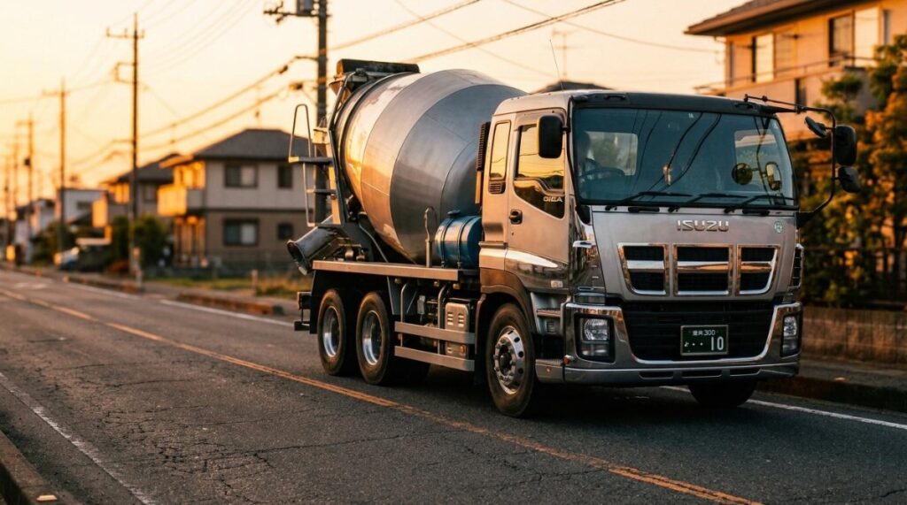 夕暮れの時刻、金色の光に照らされた郊外の道路を走る日本の生コンクリートミキサー車の実写写真。時間の経過を象徴するドラマチックなローアングルショット。