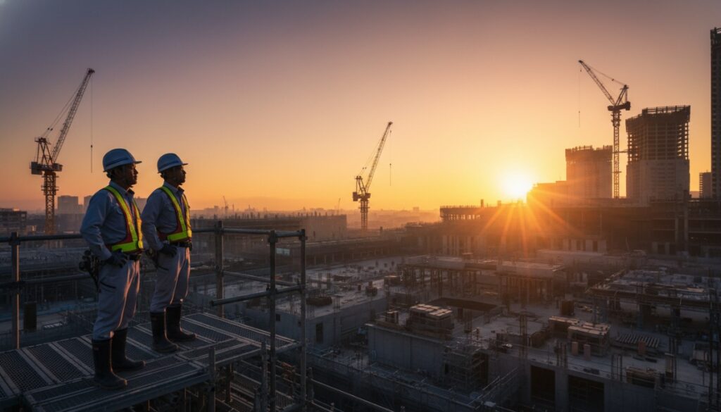 朝焼けに染まる広大な工事現場を背景に、二人の建設関係者が地平線を見つめて佇むシルエット。パートナーシップによる明るい未来と成功を象徴する光景。
