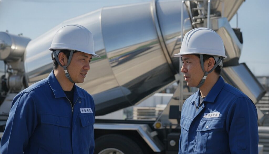 ミキサー車の前で作業服姿のスタッフ2人が話し合い、現場対応力や連携の大切さを表している様子