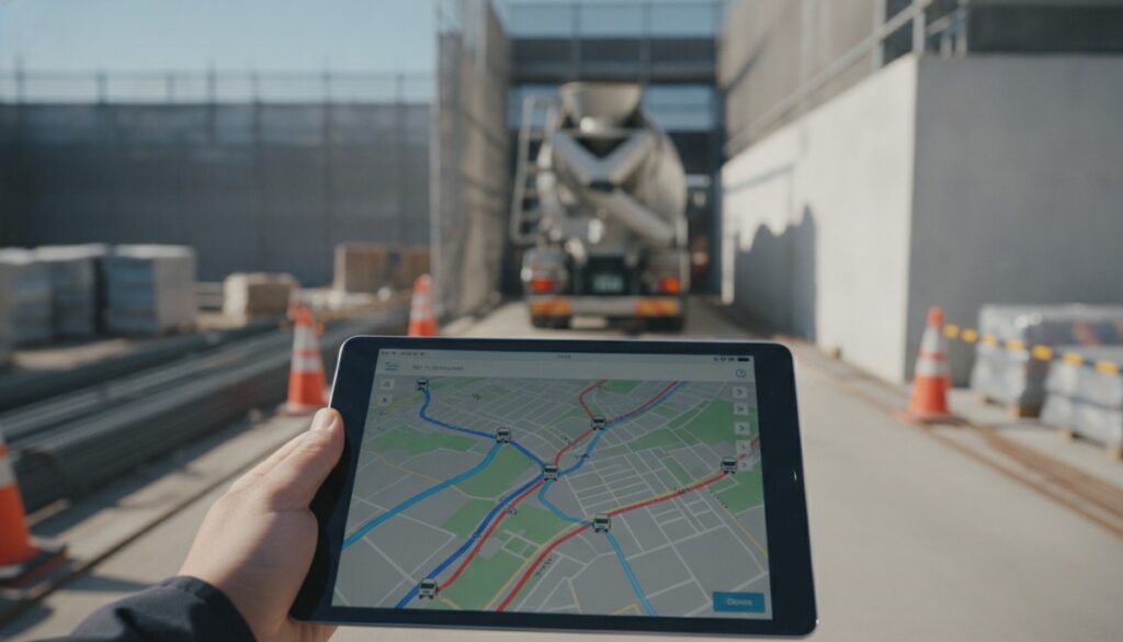 建設現場でタブレットの地図を確認しながら、ミキサー車の運行状況を管理している様子