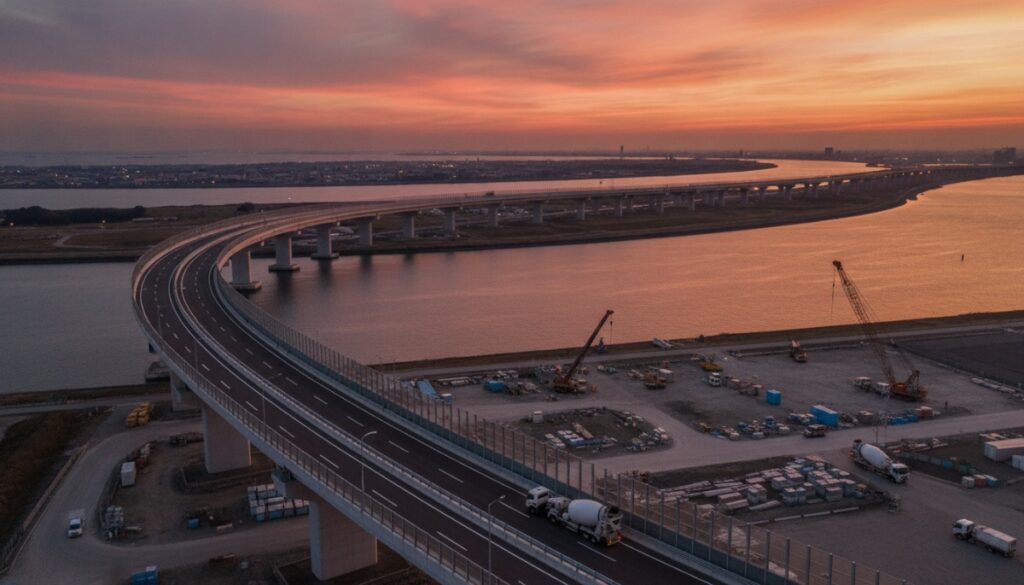 夕暮れの道路と建設現場をミキサー車が走り、生コン輸送が現場を支える様子