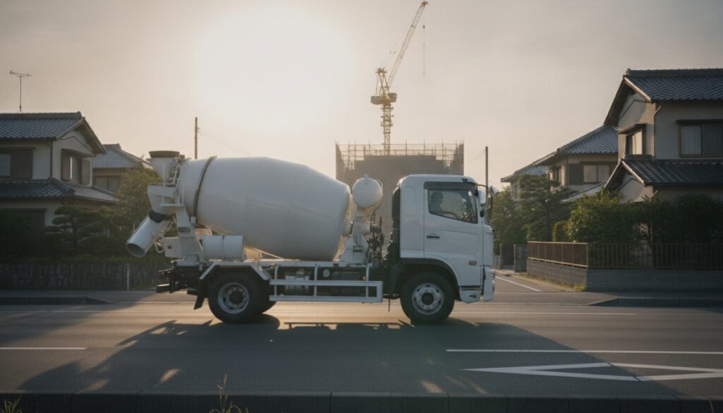 早朝の柔らかな朝日に照らされながら、建設現場へと向かう白いミキサー車の広角写真。背景にはクレーンの見える工事現場があります。
