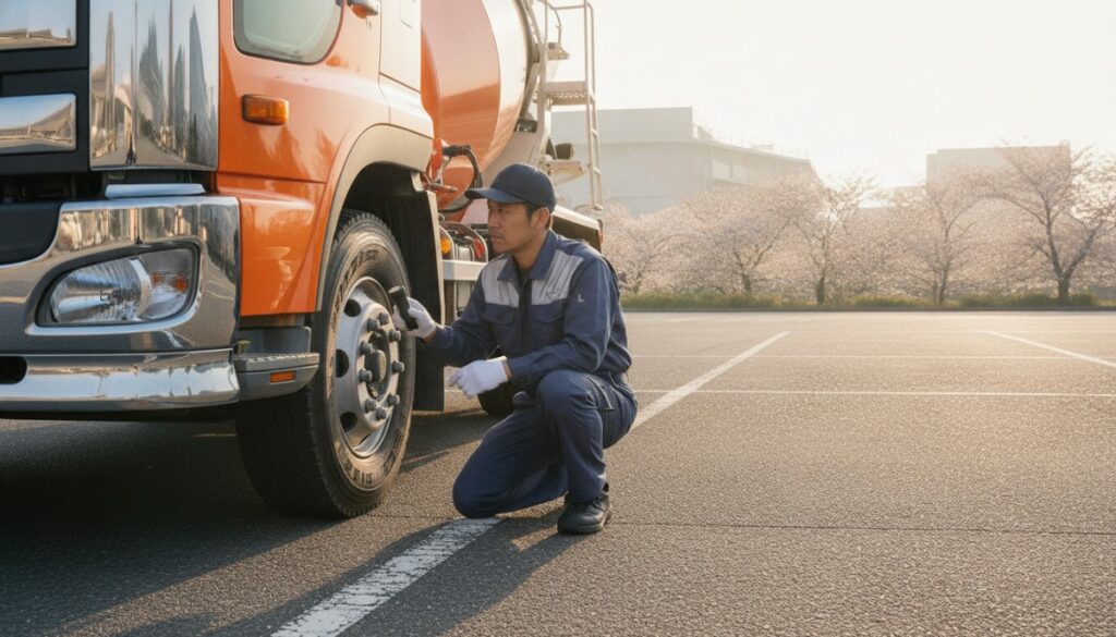 白い手袋をはめ、ミキサー車のタイヤを丁寧に点検するドライバー。徹底した安全管理と日常点検の様子を描いています。
