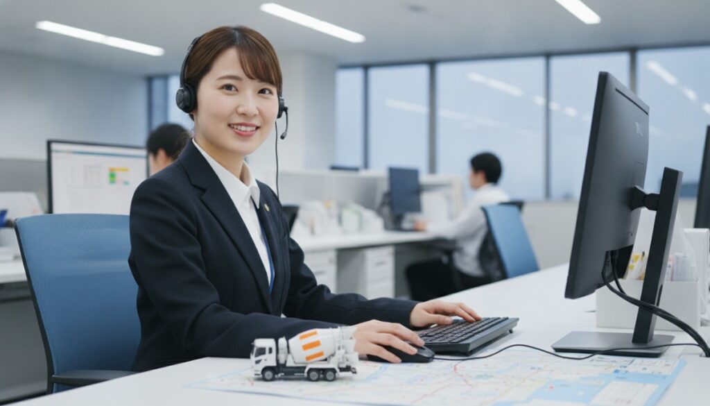 明るいオフィスで、笑顔で電話対応やパソコン操作を行う事務スタッフ。デスクにはミキサー車の模型があり、親切な相談窓口をイメージさせます。
